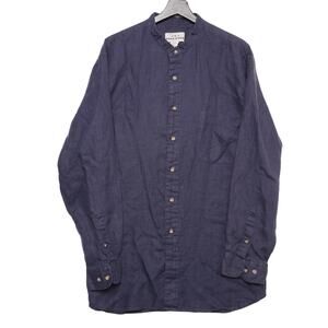 AKA Eddie Bauer Linen Shirt XL Band Collar Navy Blue Long Sleeve Button Front‎